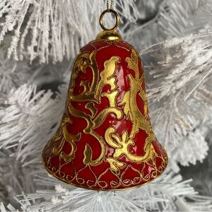 Gorgeous Cloisonne Bell Christmas Ornament: Deep Red over Gold - 3" Tall